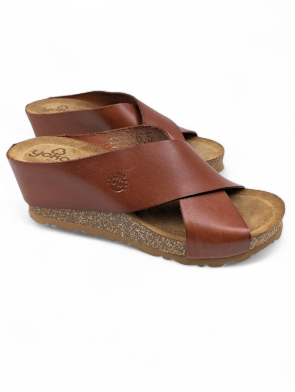 Yokono Leather Sandals Criss Cross Cork Wedge Slip On Cognac Brown size 6.5